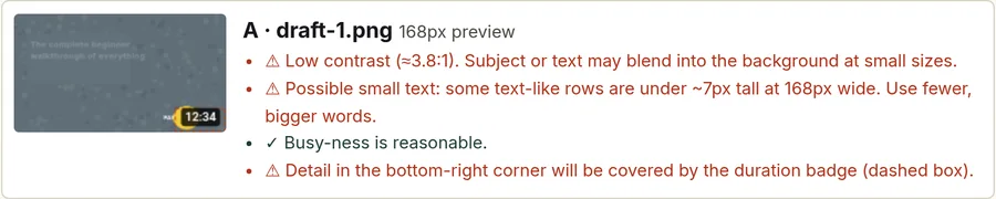 Thumbframe legibility check for a low-contrast thumbnail: warnings for contrast, small text and the bottom-right corner