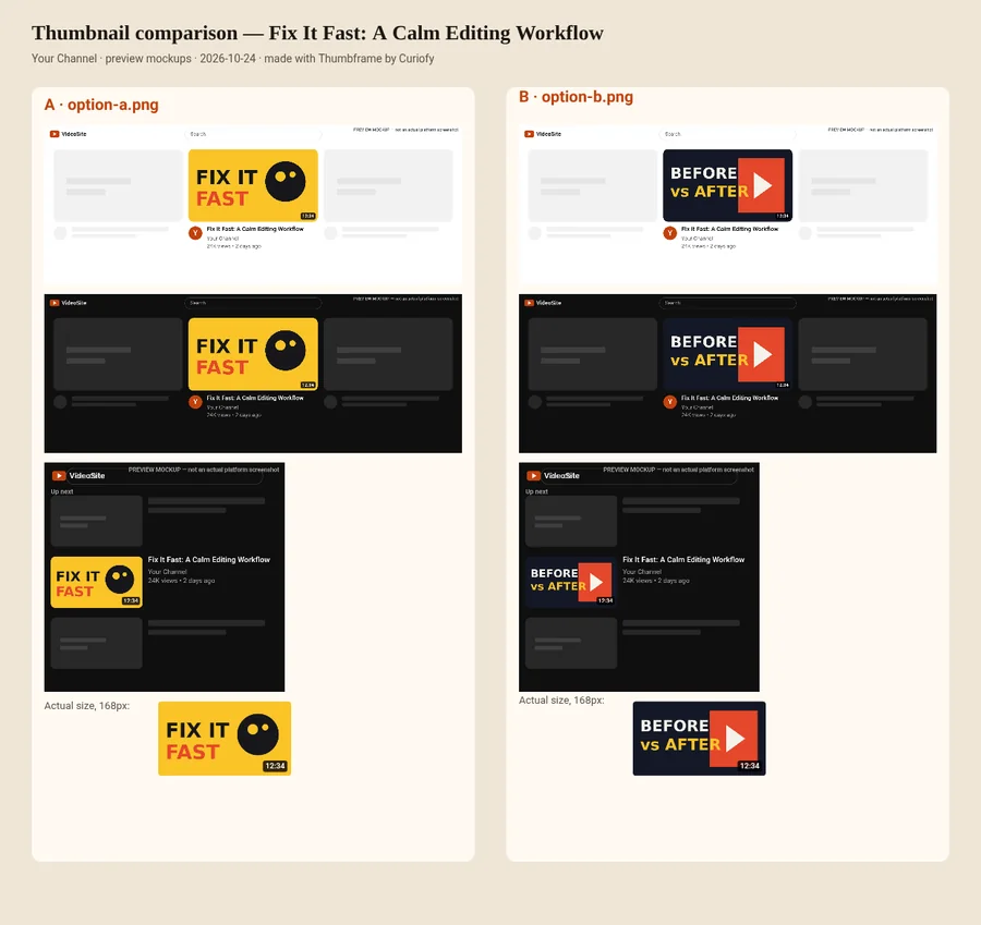 A comparison board PNG with two thumbnail options, each shown in a light home grid, a dark home grid, a dark up-next layout and at 168 pixels
