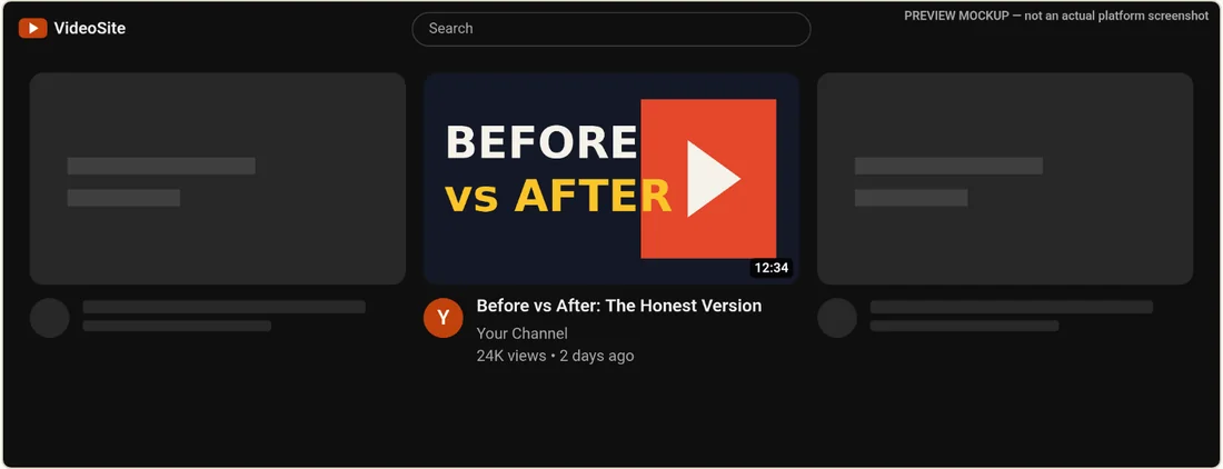 Dark-theme home-grid mockup with a dark blue thumbnail with orange and cream elements