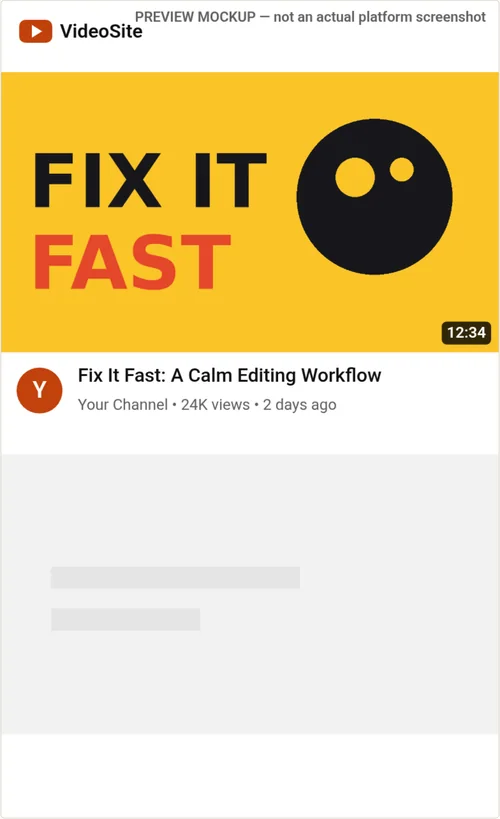 Thumbframe mobile-feed mockup with a full-width yellow thumbnail and title below it