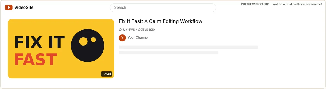 Thumbframe search-results mockup: wide thumbnail on the left, title and channel on the right