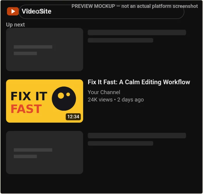 Thumbframe sidebar up-next mockup in dark theme with a small yellow thumbnail beside its title